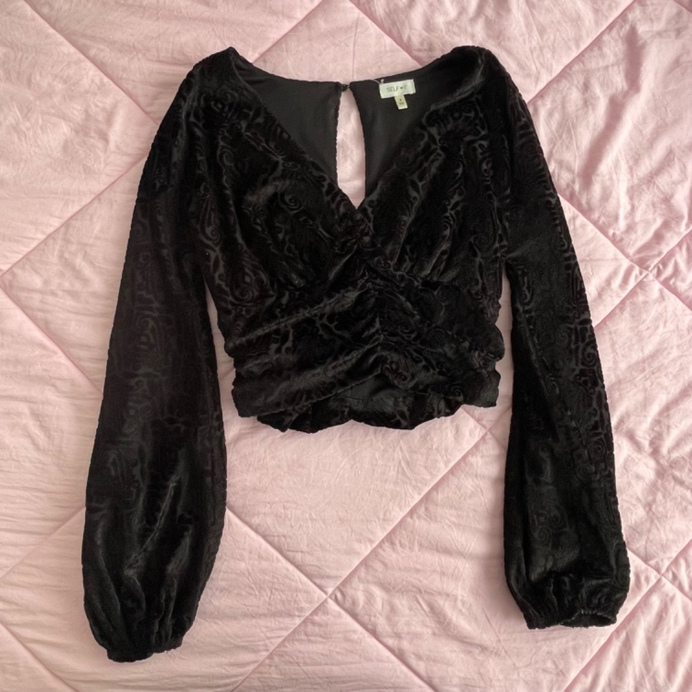 Black Velvet Long Sleeved Top w/ Ruched Detail